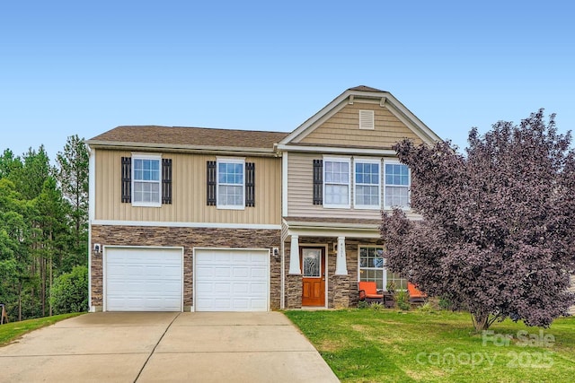 4151 Granite St, Midland, NC 28107 - view of front facade featuring concrete driveway, an attached garage, stone siding, and a front yard