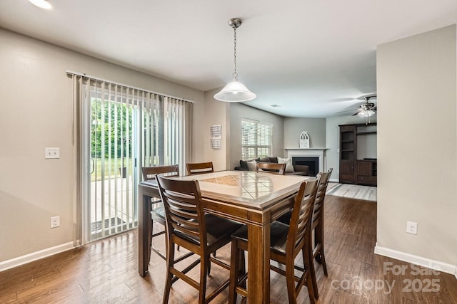 4151 Granite St, Midland, NC 28107 - dining space with wood finished floors, a ceiling fan, and a fireplace
