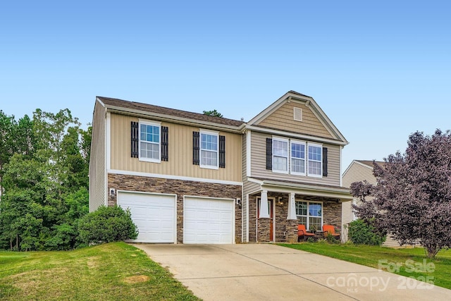 4151 Granite St, Midland, NC 28107 - view of front facade with stone siding, concrete driveway, a porch, and a garage