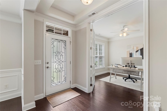 1830 Alden Oaks Ln, Charlotte, NC 28270 - foyer with dark wood-type flooring, ornamental molding, and a ceiling fan