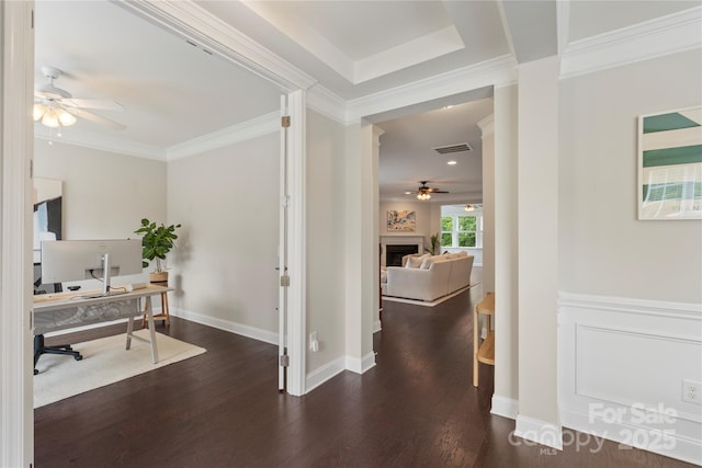 1830 Alden Oaks Ln, Charlotte, NC 28270 - office space with a ceiling fan, a fireplace, wood finished floors, and crown molding