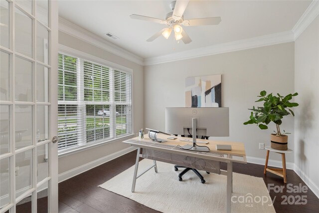1830 Alden Oaks Ln, Charlotte, NC 28270 - office space featuring wood finished floors, ornamental molding, plenty of natural light, and a ceiling fan