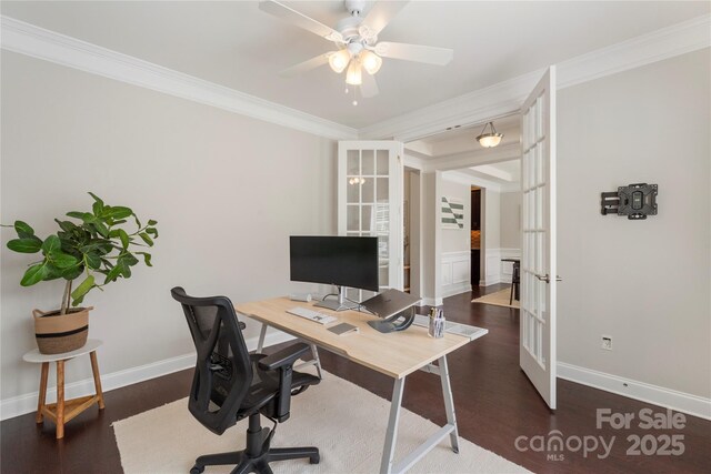 1830 Alden Oaks Ln, Charlotte, NC 28270 - office space featuring wood finished floors, crown molding, ceiling fan, and french doors