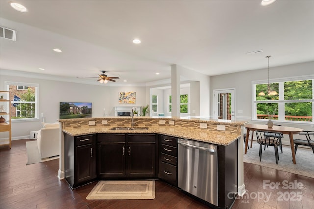 1830 Alden Oaks Ln, Charlotte, NC 28270 - kitchen featuring dishwasher, open floor plan, light stone counters, a ceiling fan, and recessed lighting