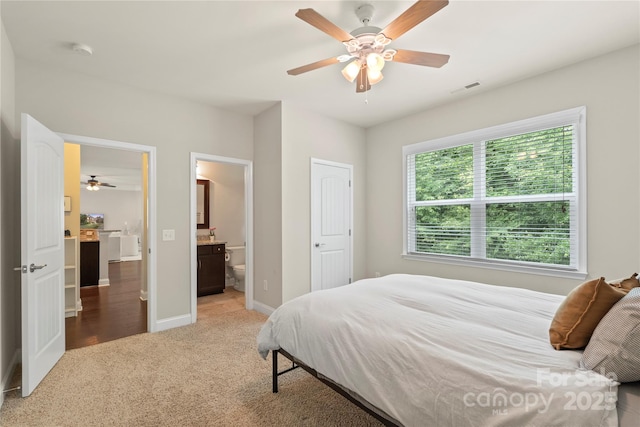 1830 Alden Oaks Ln, Charlotte, NC 28270 - bedroom featuring light carpet, ensuite bath, and a ceiling fan