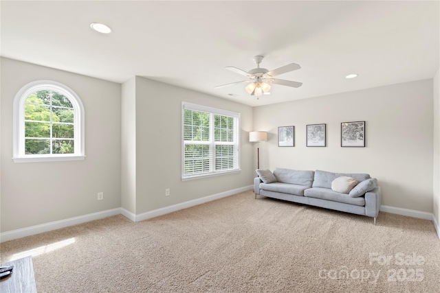1830 Alden Oaks Ln, Charlotte, NC 28270 - carpeted living room featuring healthy amount of natural light, ceiling fan, and recessed lighting