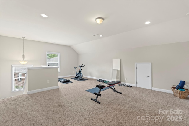 1830 Alden Oaks Ln, Charlotte, NC 28270 - workout area with carpet flooring, vaulted ceiling, and recessed lighting
