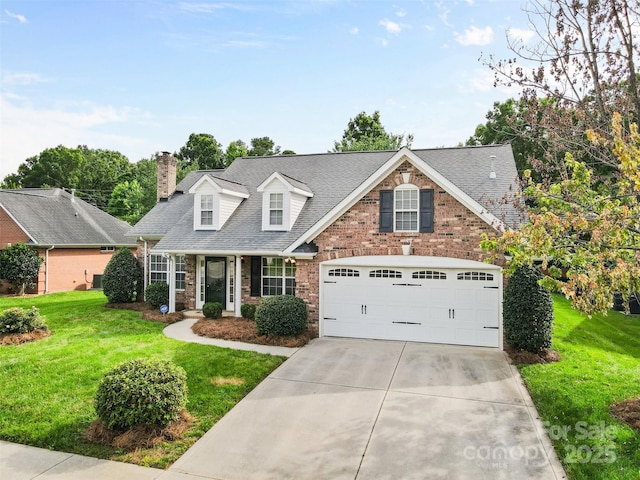 5707 Sustar Dr, Monroe, NC 28110 - view of front of house with driveway, brick siding, a front lawn, a chimney, and a shingled roof