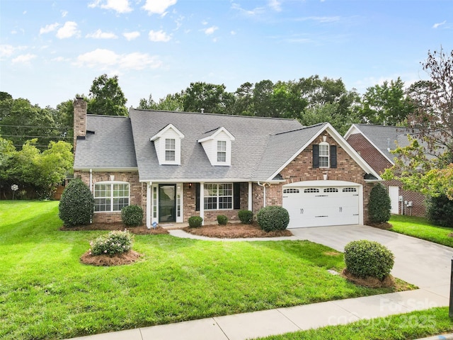 5707 Sustar Dr, Monroe, NC 28110 - new england style home featuring brick siding, concrete driveway, a front lawn, roof with shingles, and a chimney