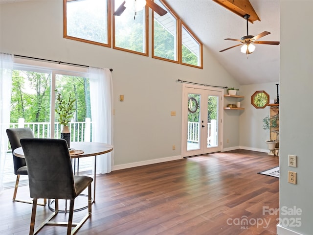 848 Eagles Ridge Rd, Sylva, NC 28779 - dining space with a ceiling fan, high vaulted ceiling, plenty of natural light, french doors, and baseboards