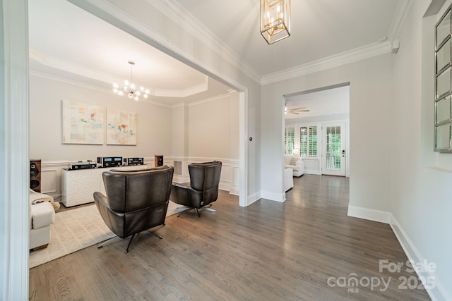 2004 Viscount Dr, Matthews, NC 28104 - living room featuring a chandelier, dark wood finished floors, and ornamental molding