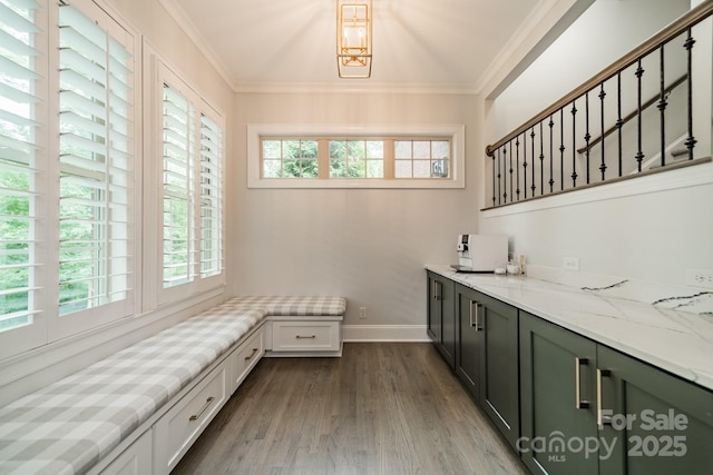 2004 Viscount Dr, Matthews, NC 28104 - bar area with dark wood-style flooring and ornamental molding