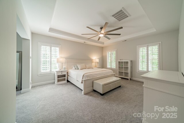 2004 Viscount Dr, Matthews, NC 28104 - bedroom with a raised ceiling, multiple windows, carpet flooring, and ceiling fan