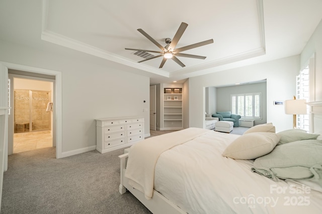 2004 Viscount Dr, Matthews, NC 28104 - bedroom with a tray ceiling, crown molding, light carpet, and a ceiling fan