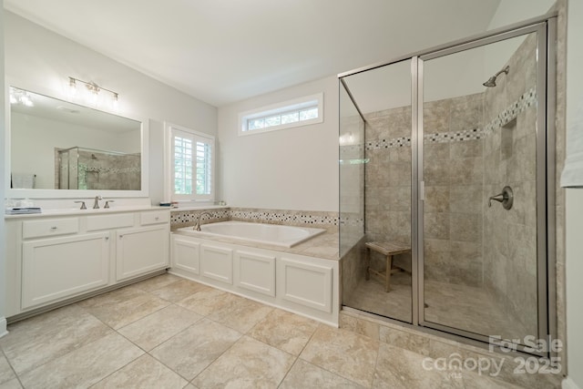 2004 Viscount Dr, Matthews, NC 28104 - bathroom featuring a shower stall, a bath, vanity, and tile patterned flooring