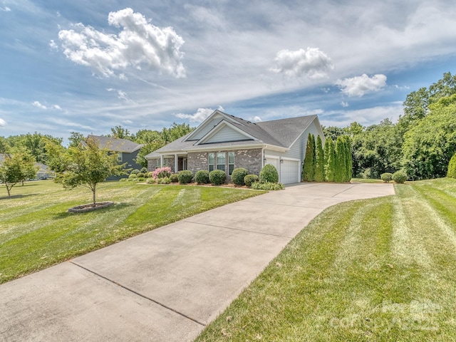 314 Candella Dr, Matthews, NC 28104 - ranch-style home with driveway, an attached garage, a front yard, and brick siding