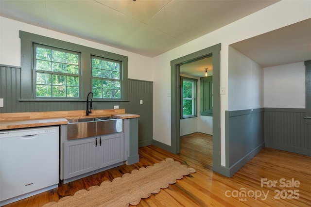 12 Mountain View Ave, Black Mountain, NC 28711 - kitchen with dishwasher, wood counters, light wood-style flooring, and wainscoting