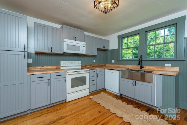 12 Mountain View Ave, Black Mountain, NC 28711 - kitchen with white appliances, wooden counters, light wood-type flooring, and gray cabinetry