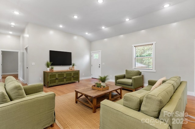 1844 Bellcroft Ln, Lenoir, NC 28645 - living room with light wood-type flooring, vaulted ceiling, and recessed lighting