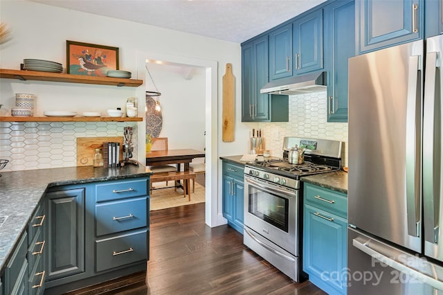 19 Poplar Ct, Hendersonville, NC 28792 - kitchen with appliances with stainless steel finishes, under cabinet range hood, blue cabinetry, and dark wood-style flooring