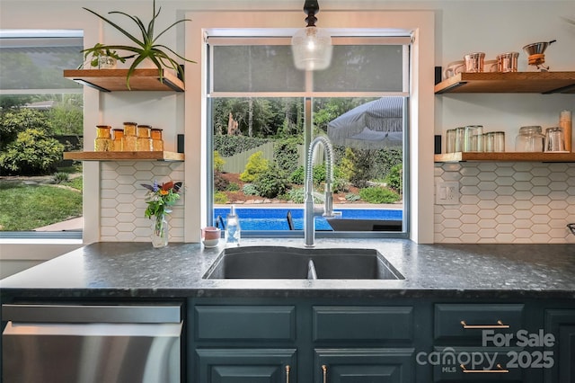 19 Poplar Ct, Hendersonville, NC 28792 - kitchen with open shelves, dishwasher, decorative backsplash, and plenty of natural light