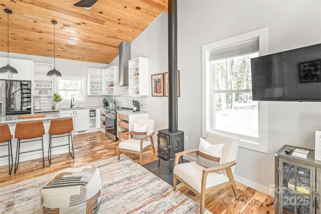 163 Hawk Hollow Dr, Lake Lure, NC 28746 - living area with a wood stove, wooden ceiling, light wood-type flooring, and high vaulted ceiling