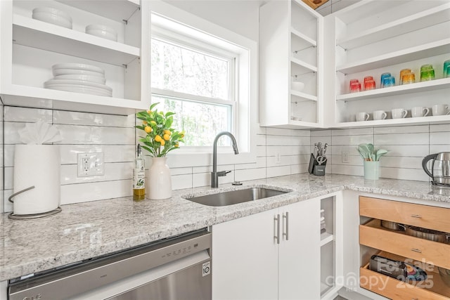 163 Hawk Hollow Dr, Lake Lure, NC 28746 - kitchen featuring open shelves, dishwasher, decorative backsplash, white cabinetry, and light stone countertops