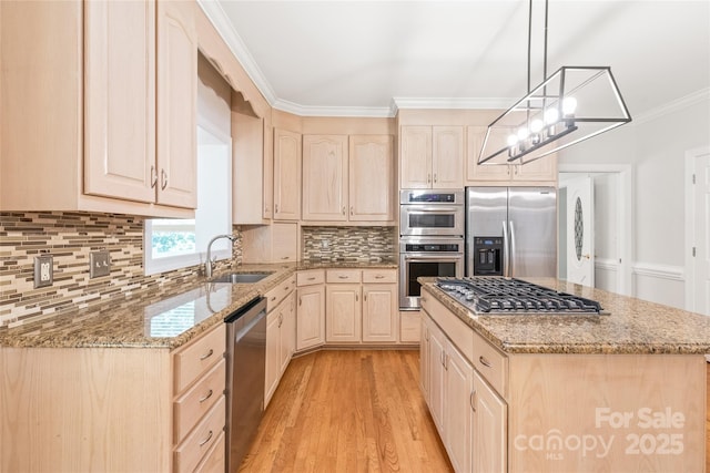 7301 Leharne Dr, Charlotte, NC 28270 - kitchen featuring appliances with stainless steel finishes, light brown cabinets, crown molding, light wood-style floors, and decorative backsplash