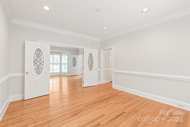 7301 Leharne Dr, Charlotte, NC 28270 - unfurnished room featuring light wood-style floors, ornamental molding, and recessed lighting