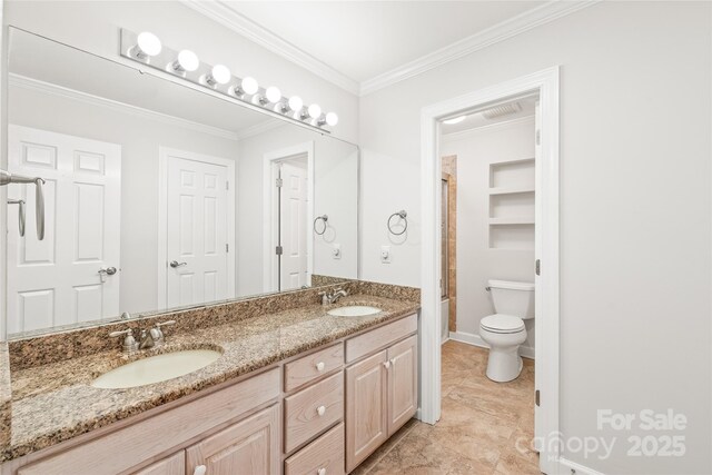 7301 Leharne Dr, Charlotte, NC 28270 - bathroom featuring double vanity, crown molding, and a shower