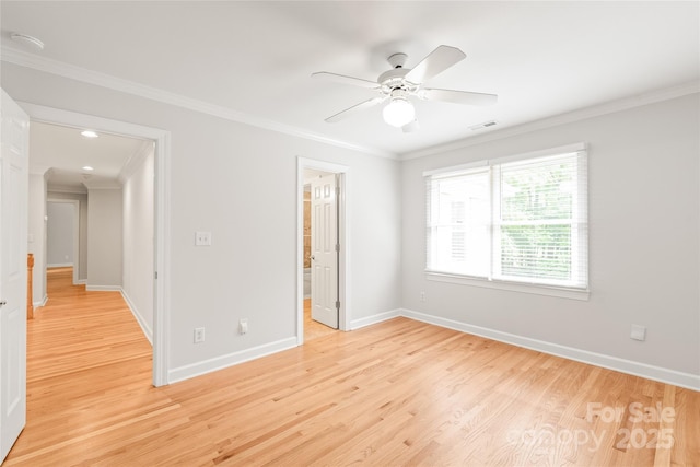 7301 Leharne Dr, Charlotte, NC 28270 - unfurnished bedroom featuring ornamental molding, light wood-type flooring, ceiling fan, and ensuite bathroom