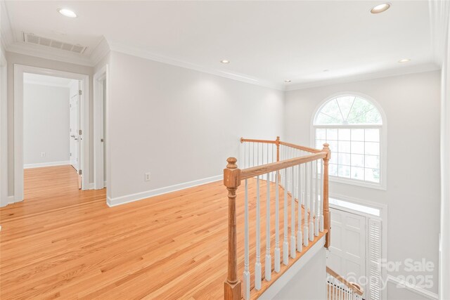 7301 Leharne Dr, Charlotte, NC 28270 - hall featuring an upstairs landing, recessed lighting, light wood-style flooring, and crown molding