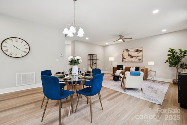 384 Speedway Pl, Concord, NC 28027 - dining area with recessed lighting, light wood finished floors, ceiling fan, and a chandelier
