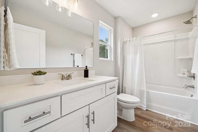 384 Speedway Pl, Concord, NC 28027 - full bath featuring vanity, shower / tub combo, wood finished floors, and recessed lighting