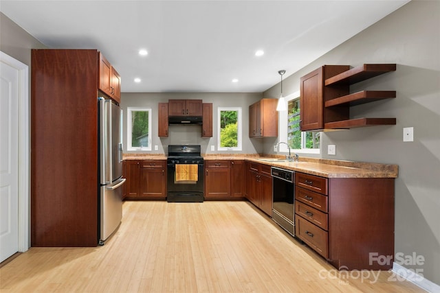 155 Old Starnes Cove Rd, Asheville, NC 28806 - kitchen featuring black appliances, light wood finished floors, exhaust hood, decorative light fixtures, and recessed lighting