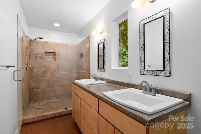 155 Old Starnes Cove Rd, Asheville, NC 28806 - bathroom featuring a shower stall, double vanity, and recessed lighting