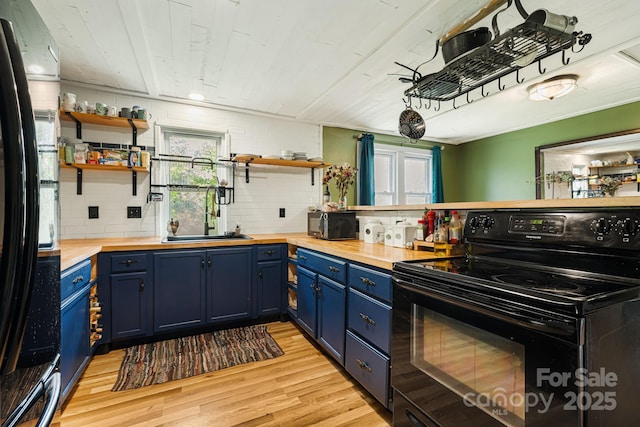 1271 Upper Brush Creek Rd, Fairview, NC 28730 - kitchen featuring black appliances, wooden counters, blue cabinets, open shelves, and light wood finished floors