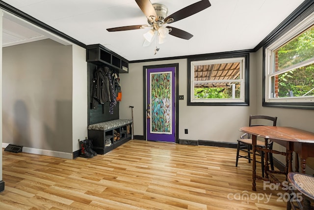 1271 Upper Brush Creek Rd, Fairview, NC 28730 - mudroom featuring light wood-style flooring, ornamental molding, and a ceiling fan