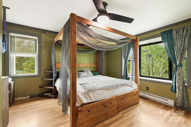 1271 Upper Brush Creek Rd, Fairview, NC 28730 - bedroom featuring a baseboard radiator, light wood-style floors, and ceiling fan