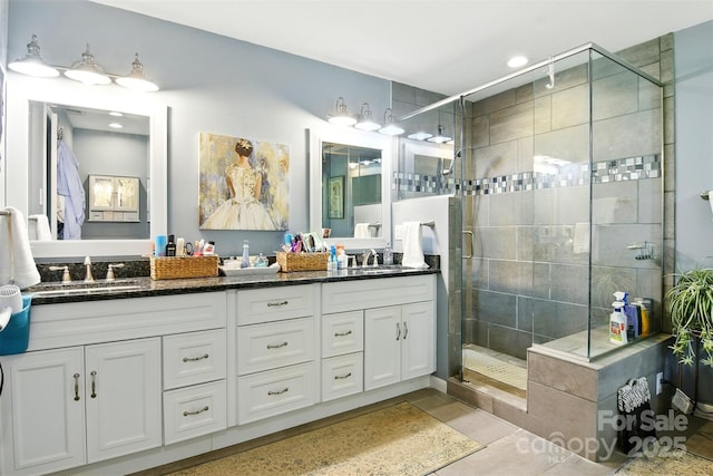 155 John Thomas Dr, Boone, NC 28607 - bathroom featuring double vanity, a stall shower, tile patterned floors, and recessed lighting