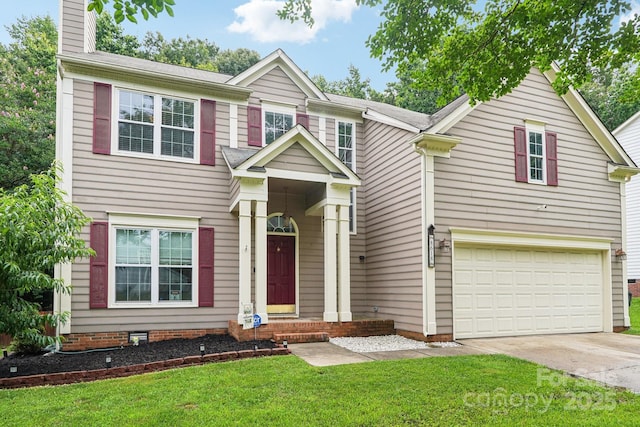 8618 Sam Dee Rd, Charlotte, NC 28215 - view of front of house featuring an attached garage, concrete driveway, a chimney, and a front yard