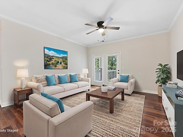 17136 Red Feather Dr, Charlotte, NC 28277 - living area featuring dark wood-style flooring, ornamental molding, and a ceiling fan