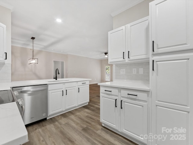 17136 Red Feather Dr, Charlotte, NC 28277 - kitchen featuring stainless steel dishwasher, a peninsula, ceiling fan, ornamental molding, and backsplash