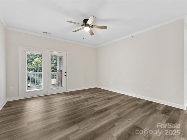 17136 Red Feather Dr, Charlotte, NC 28277 - empty room with ceiling fan, dark wood finished floors, and ornamental molding