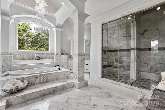 7068 Denison Rd, Summerfield, NC 27358 - bathroom with crown molding, marble look tile flooring, a bath, vanity, and a marble finish shower