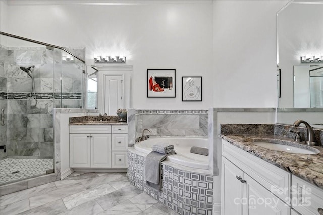 7068 Denison Rd, Summerfield, NC 27358 - full bathroom with a stall shower, a bath, two vanities, and marble finish flooring