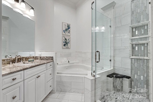7068 Denison Rd, Summerfield, NC 27358 - full bathroom with a garden tub, ornamental molding, a shower stall, vanity, and marble finish flooring