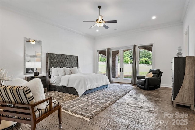 7068 Denison Rd, Summerfield, NC 27358 - bedroom featuring access to outside, wood finished floors, crown molding, french doors, and ceiling fan