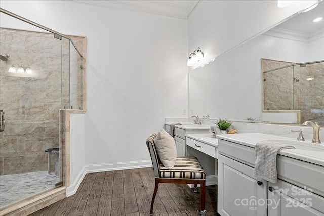 7068 Denison Rd, Summerfield, NC 27358 - full bathroom with crown molding, a stall shower, wood finished floors, and vanity
