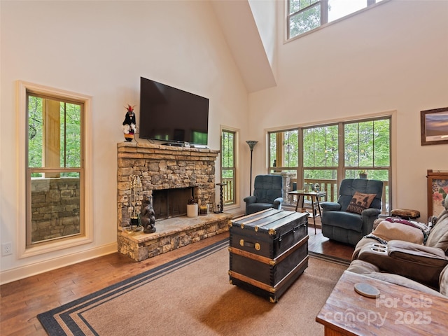 389 Manna Way, Sylva, NC 28779 - living room with a high ceiling, a fireplace, and hardwood / wood-style flooring